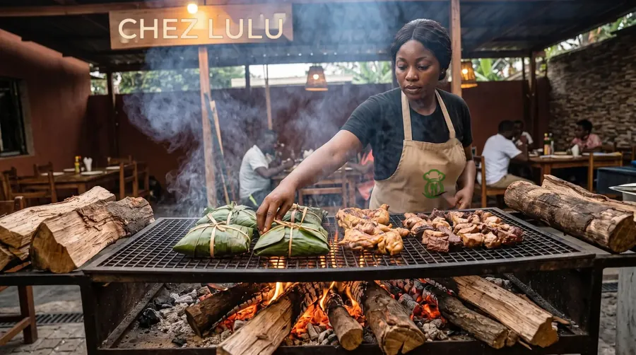 Grillades et maboké sur le gril au feu de bois, sous l'enseigne Chez Lulu