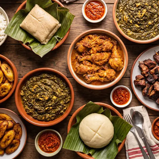 Table garnie : saka-saka, poulet, brochettes, bananes plantains et chikwangue